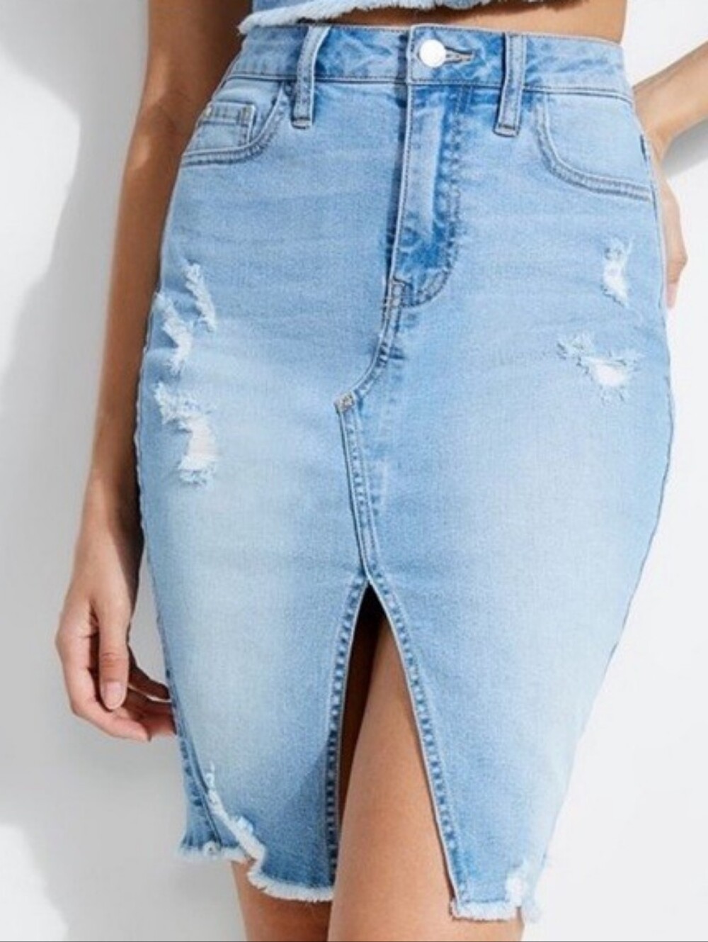 Light Wash High-Waist Distressed Pencil Stretch Denim Skirt with Front Slit